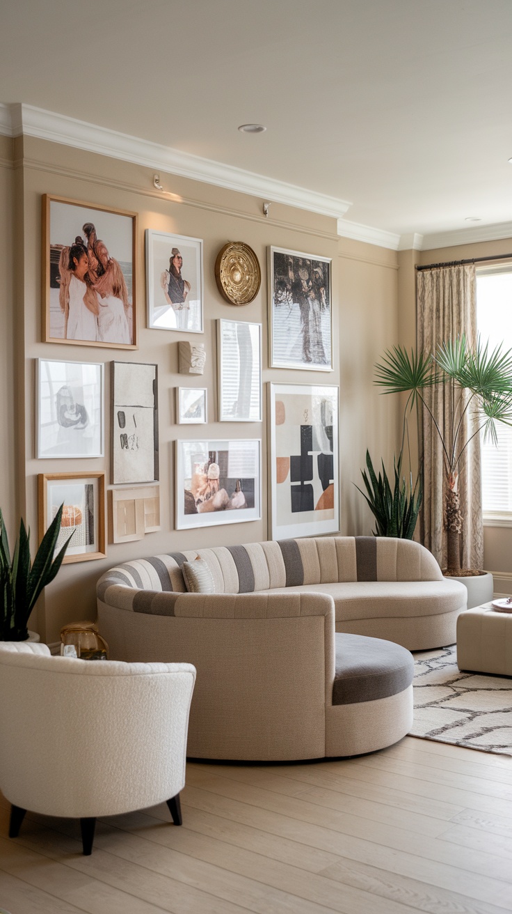 Cozy cottage living room with an artistic wall gallery featuring various framed artworks and photographs.