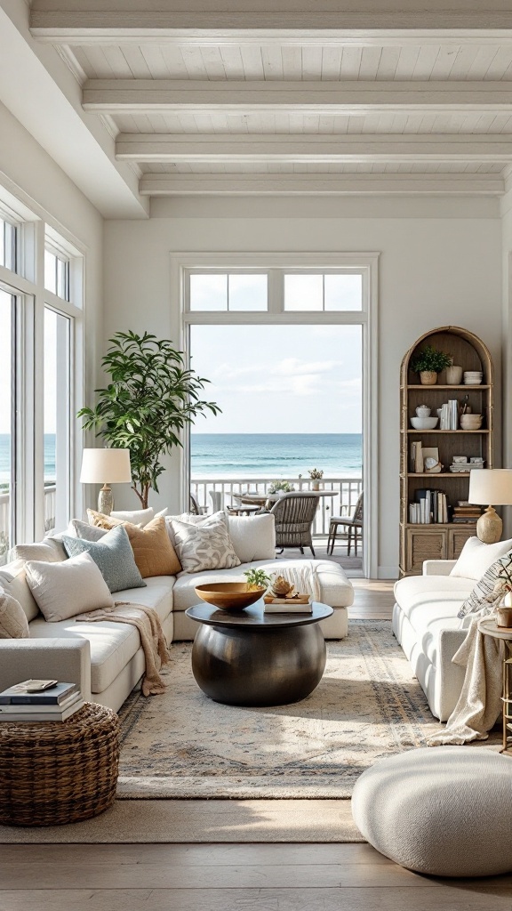 A cozy coastal living room with soft white sofas, a round coffee table, and a view of the ocean.