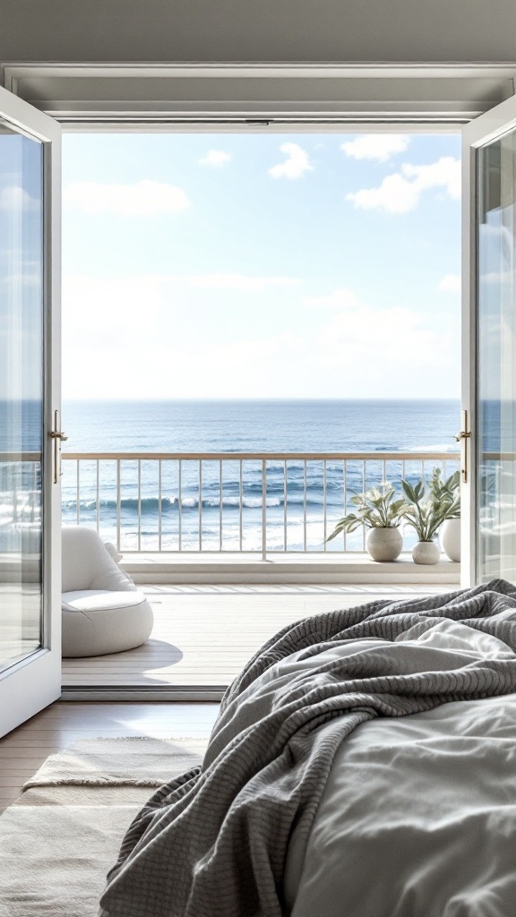 A cozy coastal bedroom with an open balcony showcasing ocean views.