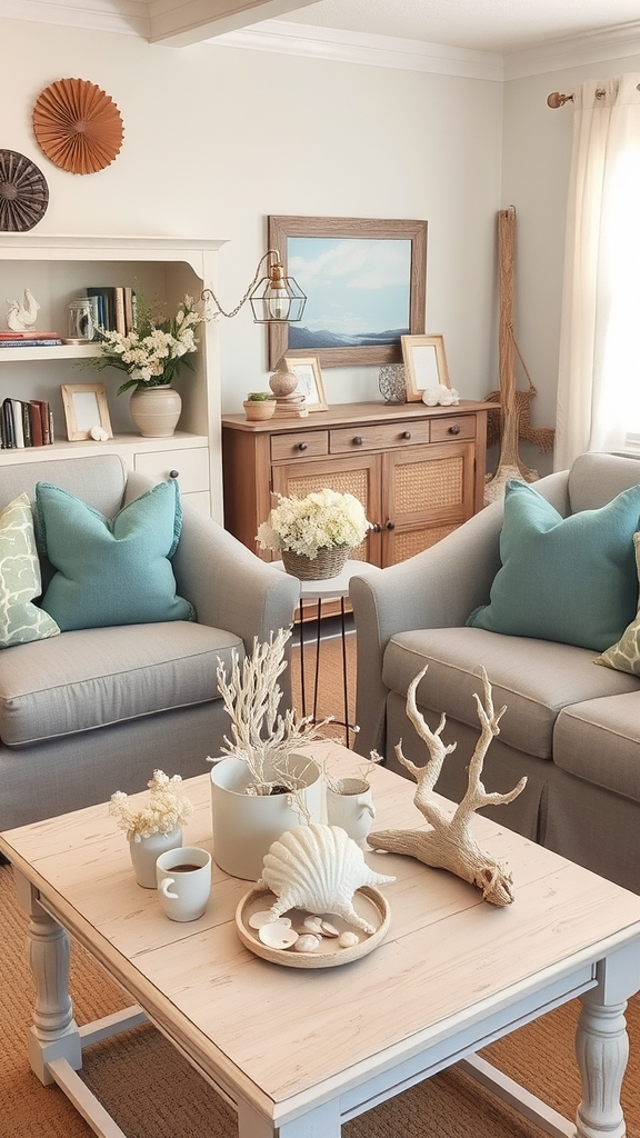 A cozy living room decorated with beach-inspired accessories, including starfish and coral.