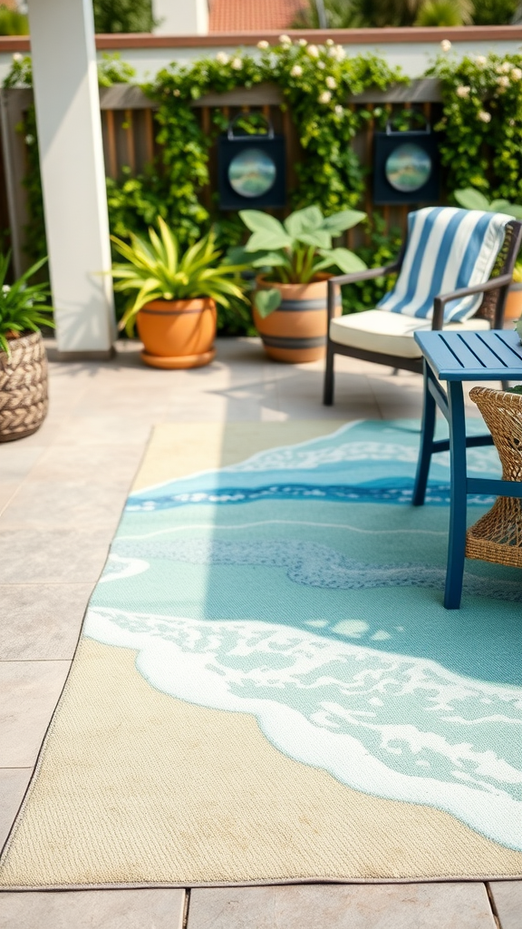 A beach-inspired area rug featuring ocean waves in soft colors, placed on a patio with plants and furniture.