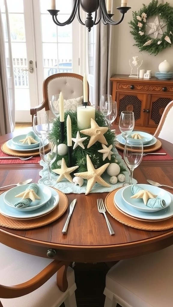 A beautifully set dining table with beach-themed decor featuring starfish, candles, and blue plates.