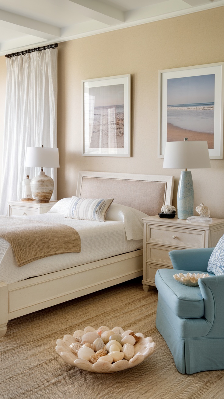 Coastal chic bedroom with beach-inspired wall art, featuring light colors and natural textures.