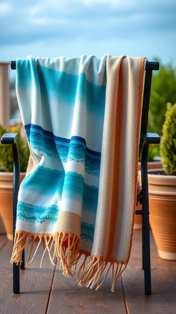 A beach-themed throw blanket hanging on a chair, featuring shades of blue and orange.