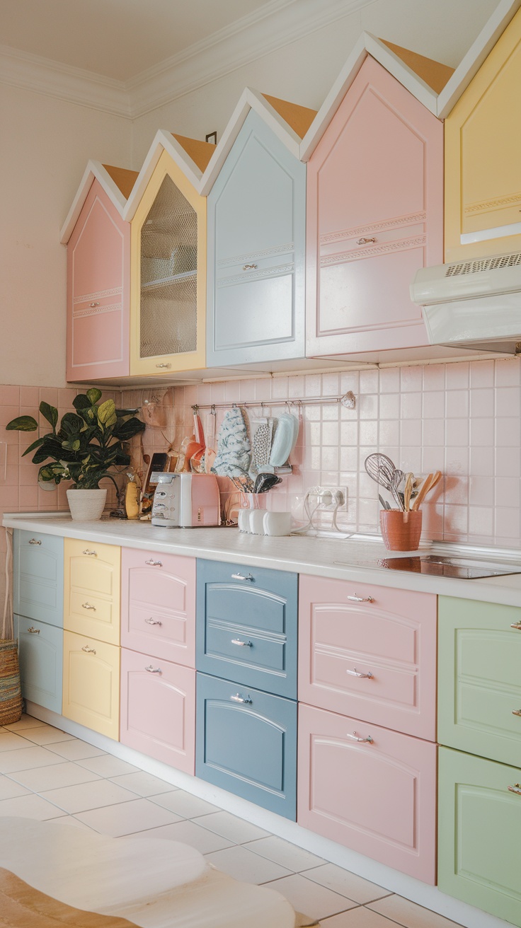 Colorful beach hut-inspired kitchen cabinetry with pastel colors