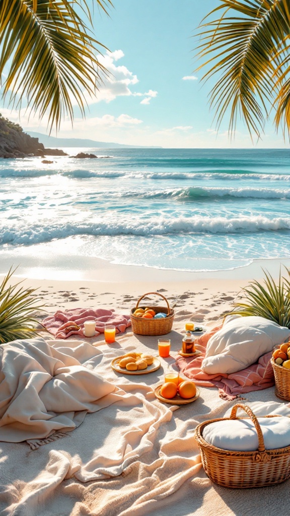 A beach picnic setup with blankets, pillows, and a spread of fruits and drinks near the ocean.