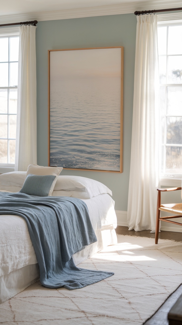 Cozy beach bedroom featuring soft linens and coastal decor.