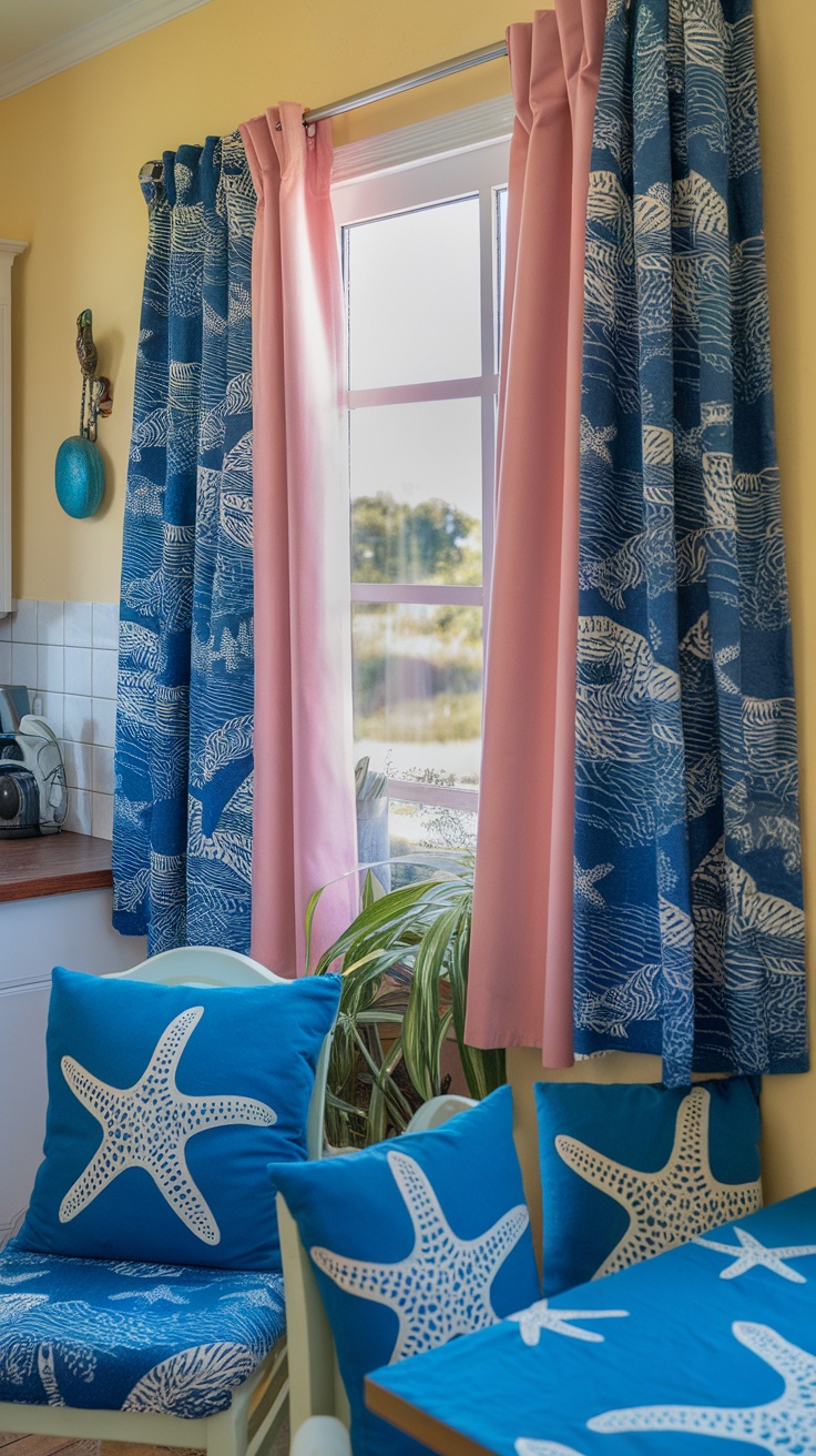 Bright curtains and cushions with beachy patterns in a coastal kitchen setting.