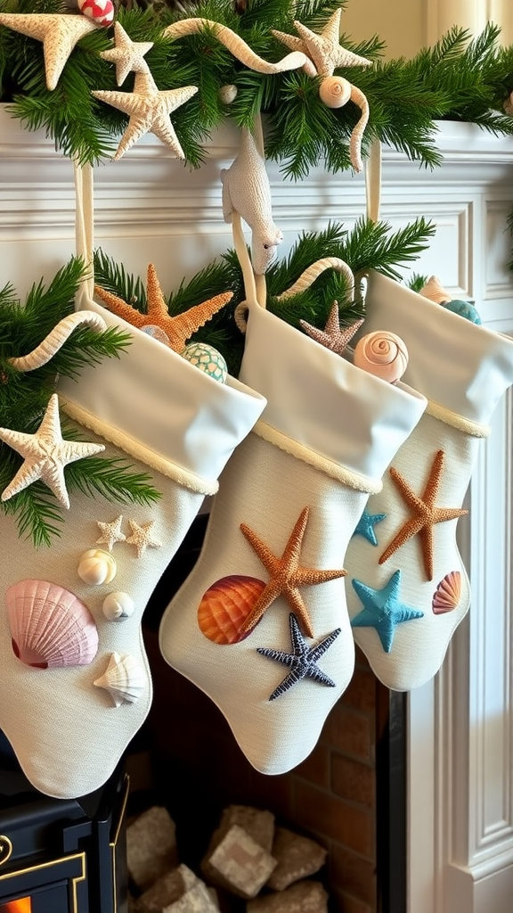 Beach-themed stockings hanging by a fireplace, decorated with starfish and seashells.