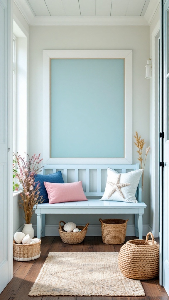 Bright and airy entryway featuring a blue bench, coastal decor, and natural textures.
