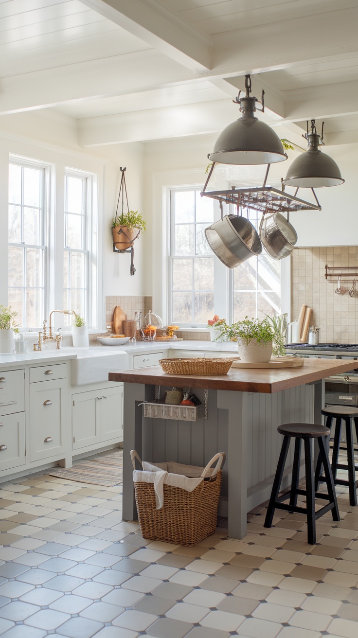 A bright and airy coastal farmhouse kitchen with large windows, light cabinetry, and unique light fixtures.