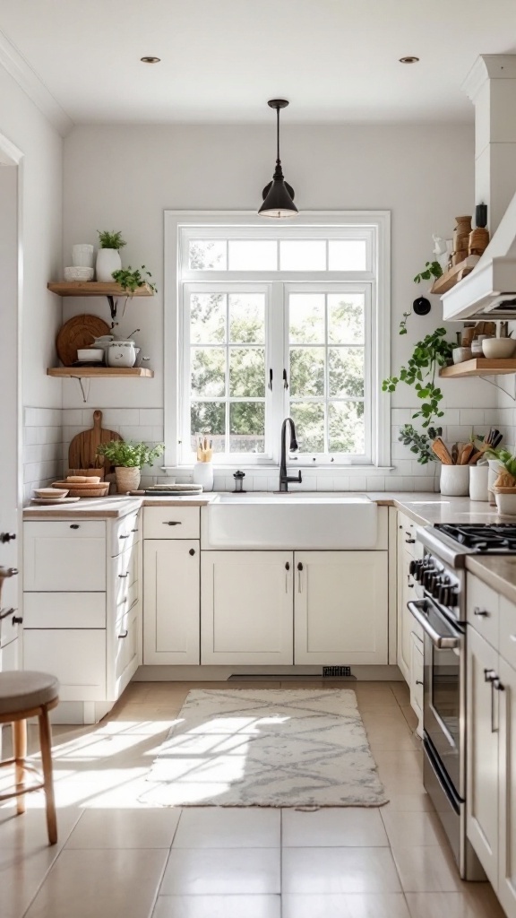 Bright and airy kitchen with natural light, white cabinets, and coastal decor.