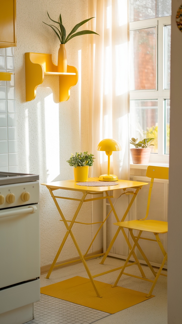 A small, bright yellow kitchen with a table and chairs, featuring yellow accents and plants.