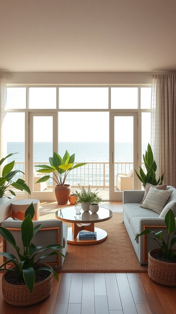 A bright living room with large windows overlooking the ocean, featuring indoor plants and a cozy seating area.