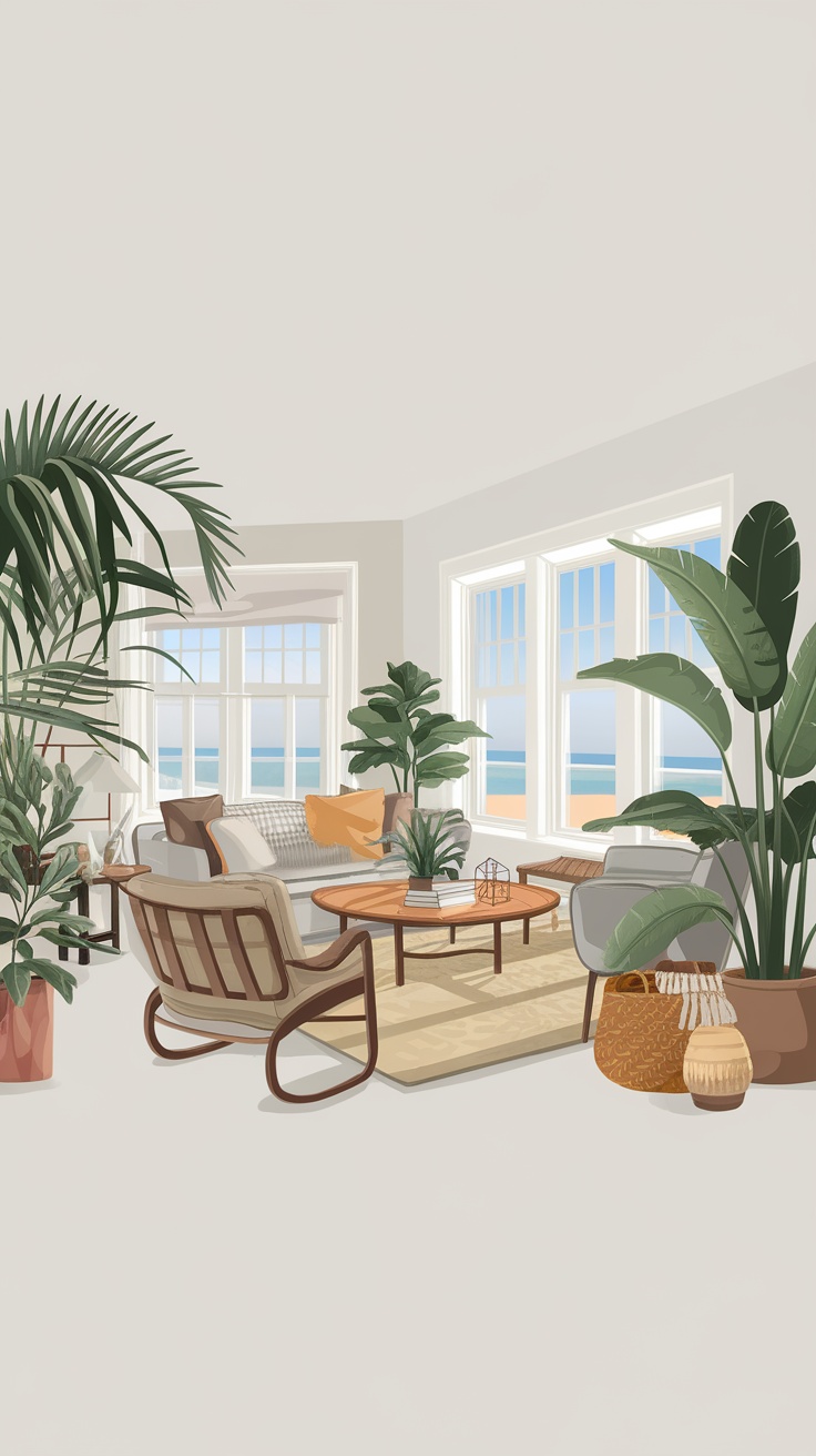 A modern coastal living room with large windows, plants, and natural decor elements