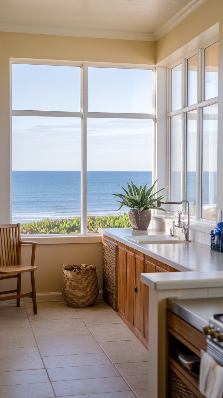 A bright kitchen with large windows overlooking the ocean, featuring simple decor and a coastal style.