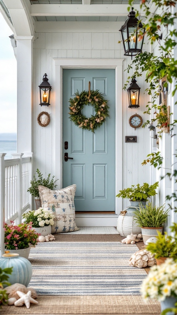 A charming coastal home entrance with a blue door, wreath, plants, and beach-themed decor.