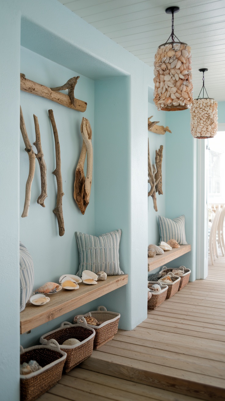 A cozy coastal entryway featuring blue walls, wooden shelves with seashells, and natural decorations.