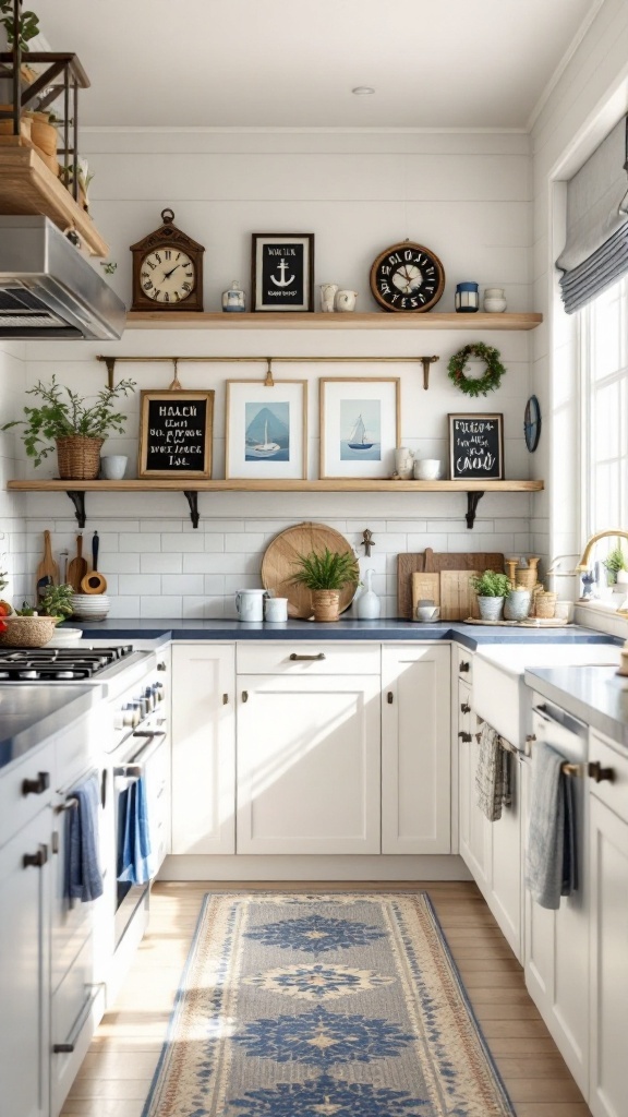 Cozy beach house kitchen with nautical decor and a light color palette.