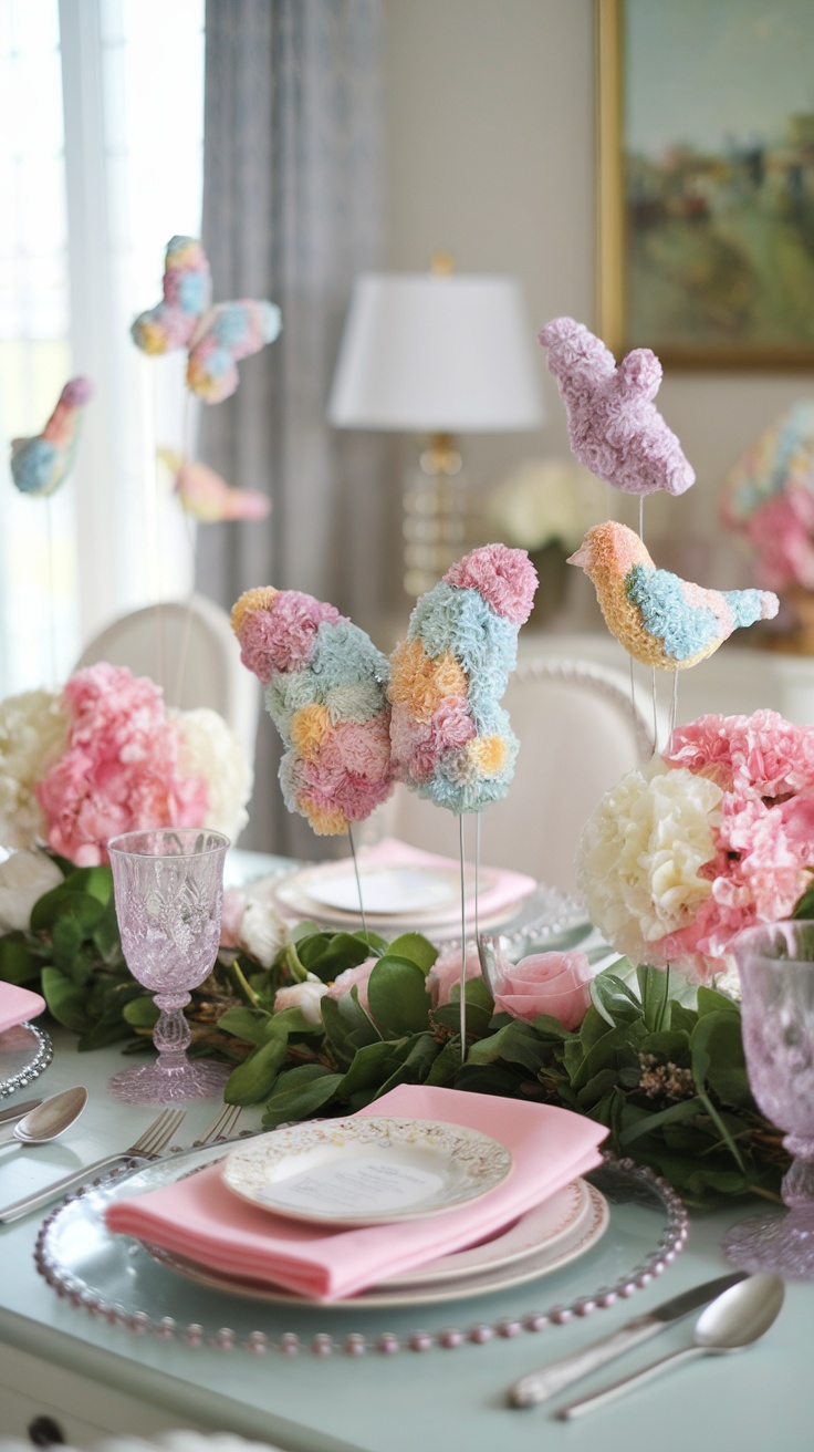 A chic spring tablescape featuring colorful floral decorations and bird-shaped embellishments.