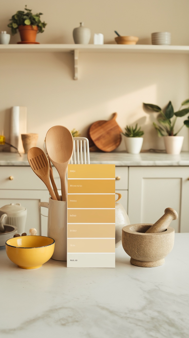 A selection of yellow paint samples next to kitchen utensils and decor