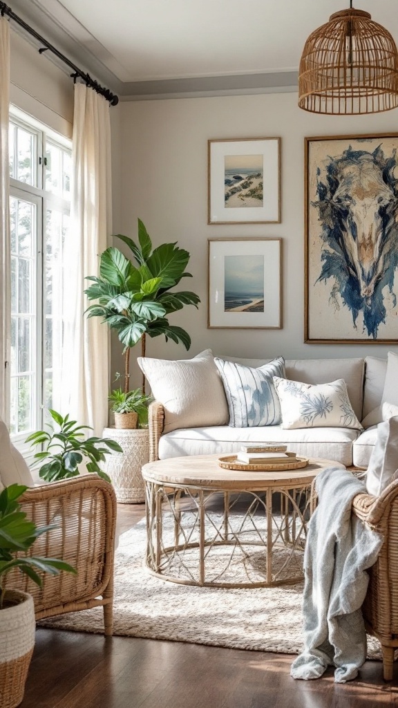 A cozy coastal living room featuring light-colored furniture, plants, and ocean-inspired decor.