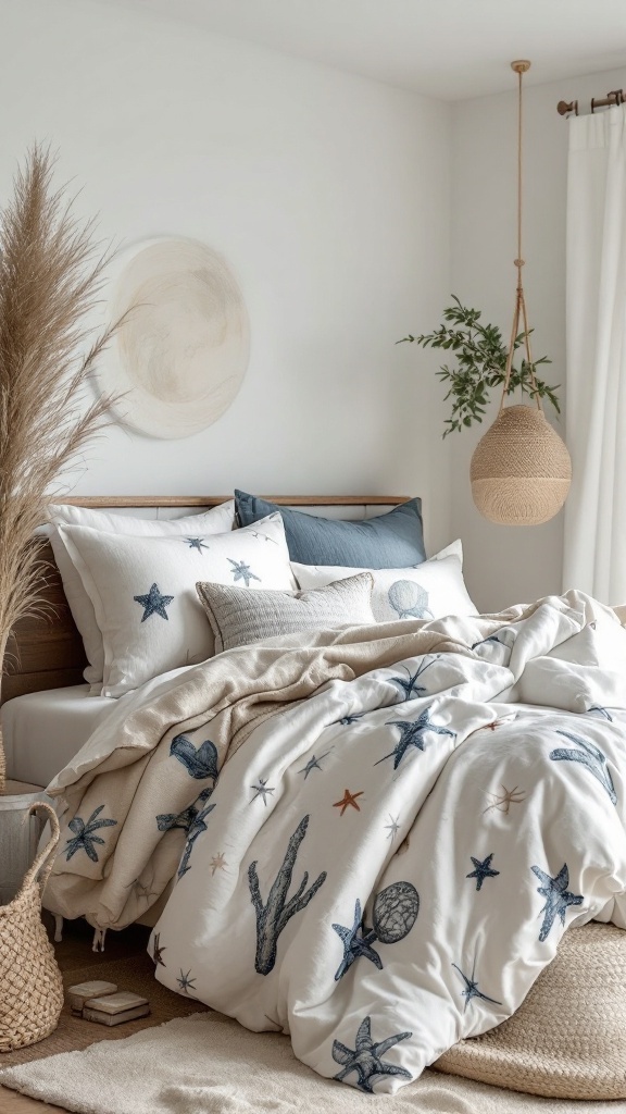 Coastal-inspired bedroom with marine-themed bedding and decor.