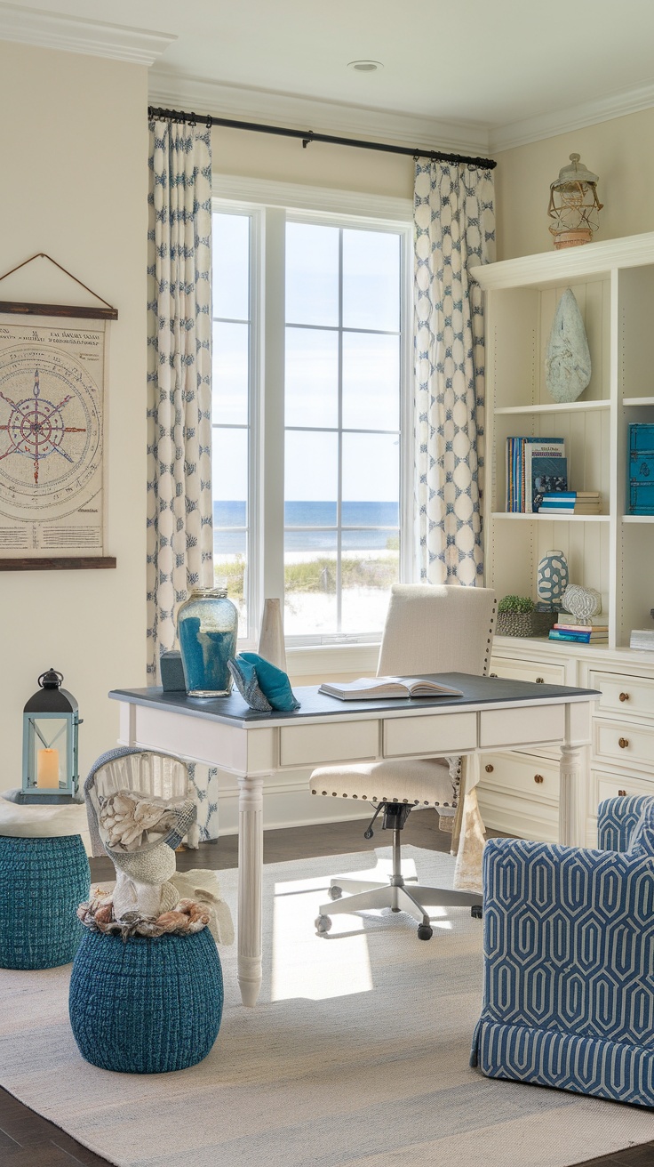 Coastal home office featuring natural light and coastal decor.