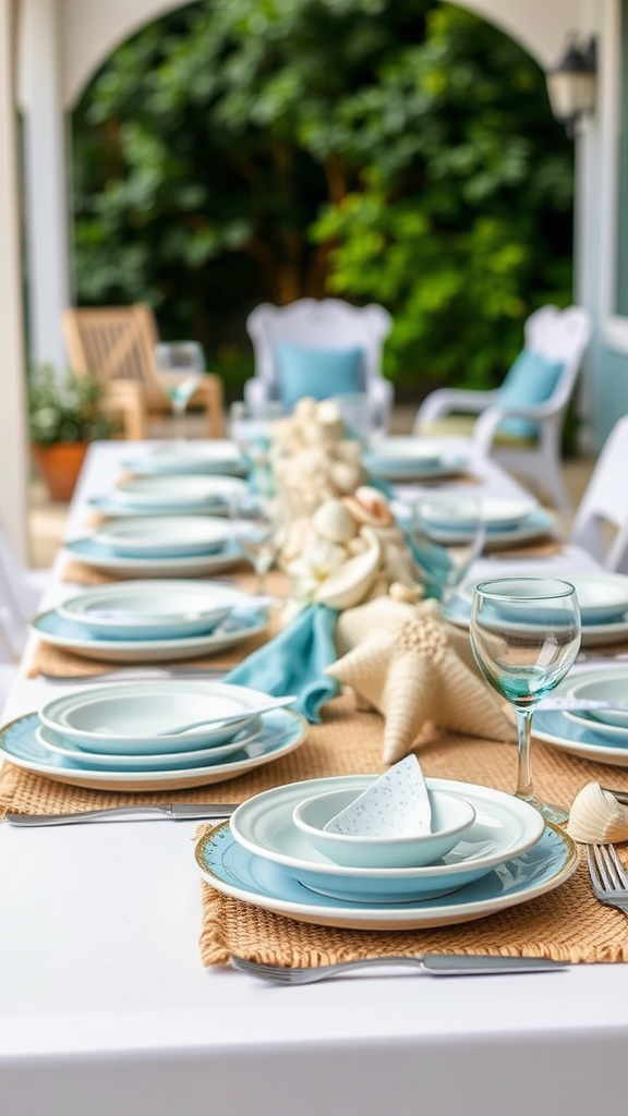 A coastal-inspired dining table set with blue tableware, decorative shells, and natural textures.