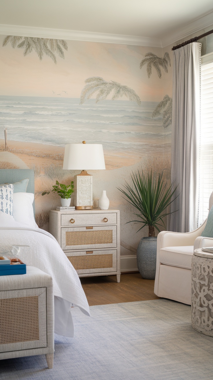 A coastal-inspired bedroom with palm tree wallpaper, a cozy bed, and beach-themed decor.