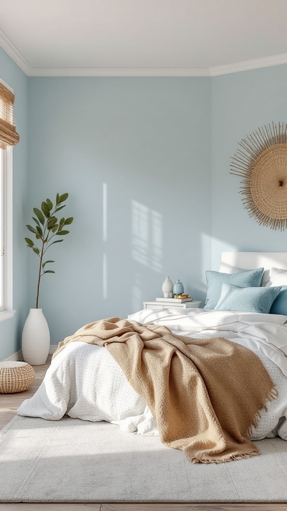 A cozy coastal bedroom featuring soft blue walls, white bedding, and natural textures.