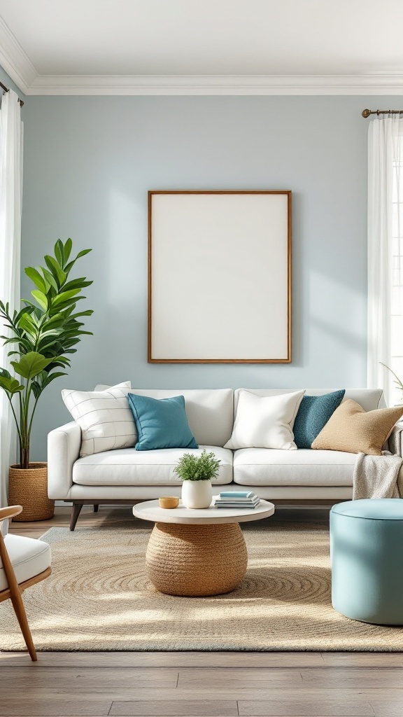 A bright coastal living room with a light blue wall, white sofa, and decorative pillows.