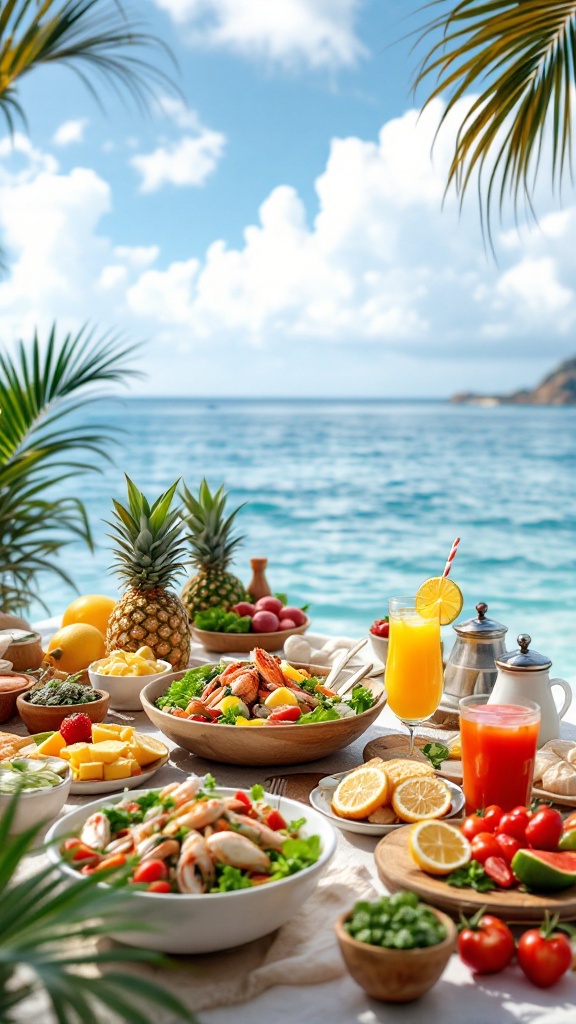 A beautiful coastal dining setup featuring seafood, tropical fruits, and refreshing drinks by the sea.