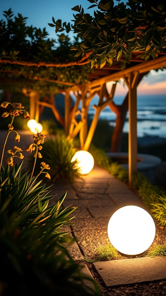 Pathway in a coastal garden illuminated by soft, round lights.