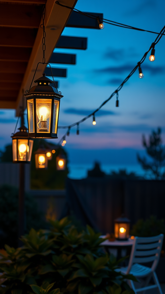 Coastal lanterns hanging in the evening sky, illuminating an outdoor space.