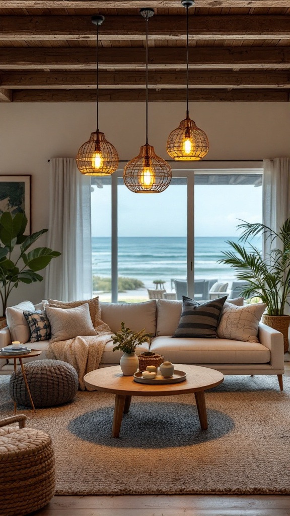 Coastal living room with pendant lighting and ocean view