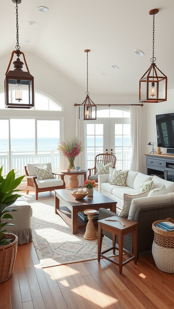 A cozy living room with coastal lighting fixtures, featuring a pendant light and large windows.