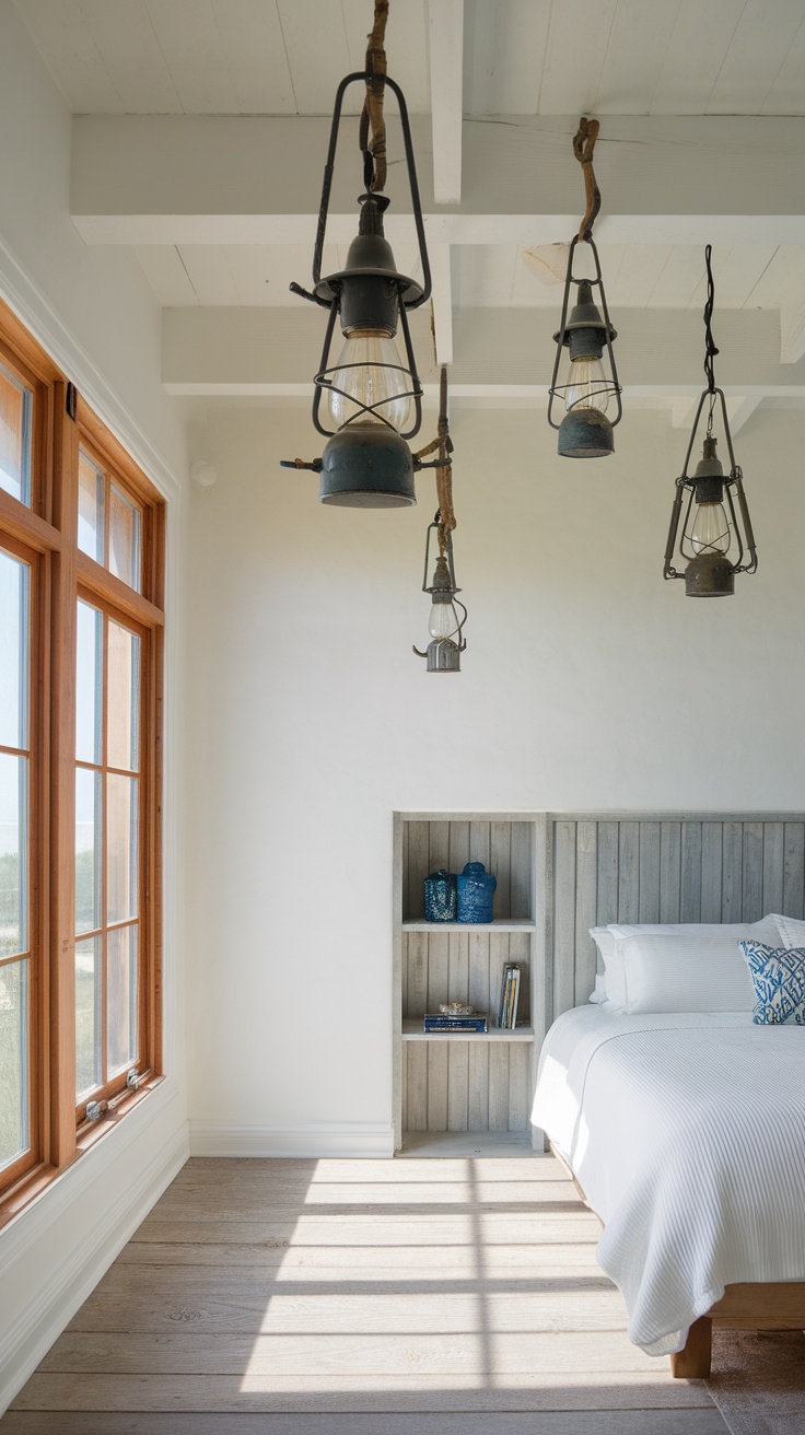 A coastal bedroom featuring vintage lanterns as lighting fixtures.