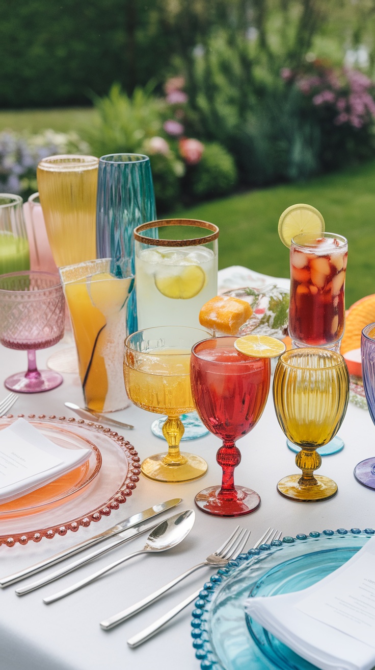 A beautifully arranged table featuring an array of colorful glassware and drinks, perfect for a spring party.