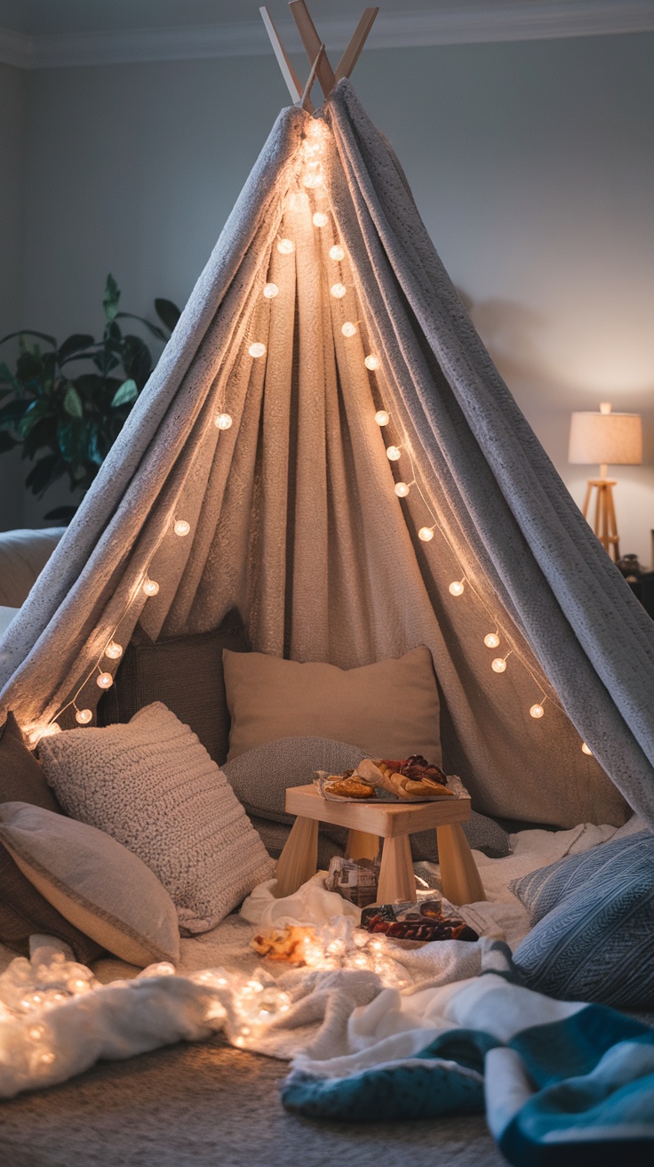 Cozy blanket fort with pillows and fairy lights