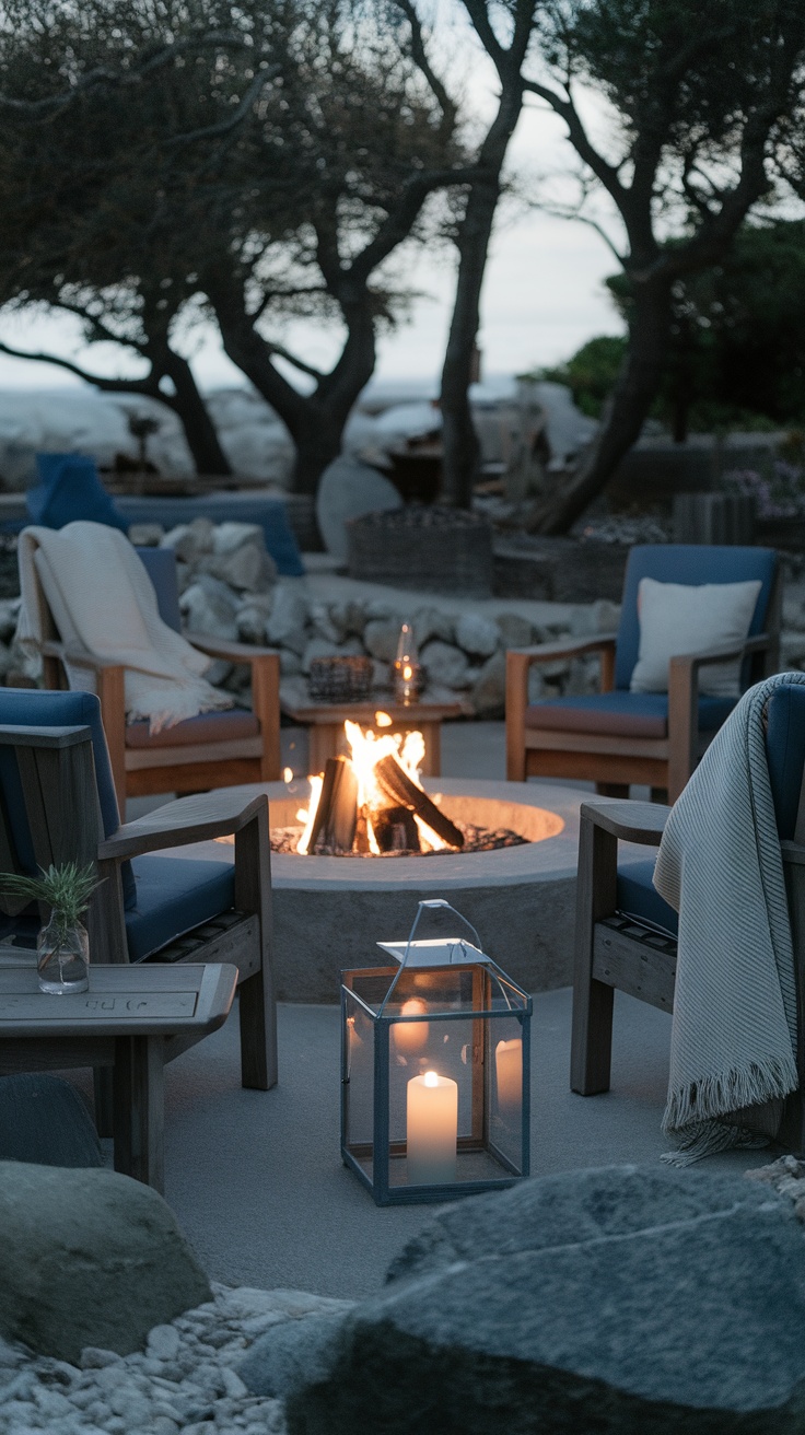 A cozy fire pit area with wooden chairs and lanterns, surrounded by rocks and trees.