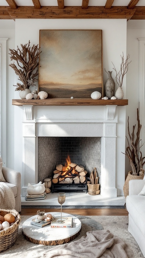 A cozy coastal living room with a fireplace, decorated with natural elements and a warm ambiance.