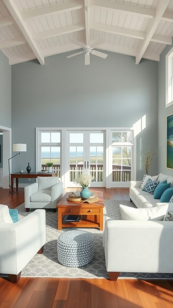 A cozy living room with white sofas, a coffee table, and a pouf, featuring large windows and a peaceful view.