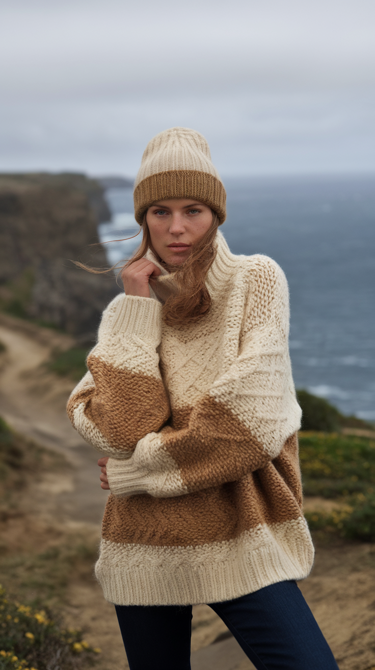 A model in a cozy striped knit sweater and a beanie stands by the coast, with waves in the background.