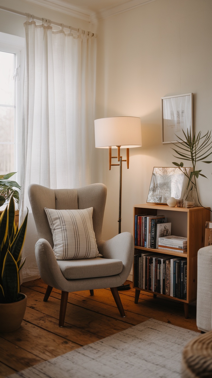 A cozy reading corner featuring a comfortable chair, warm lamp, and a bookshelf filled with books.