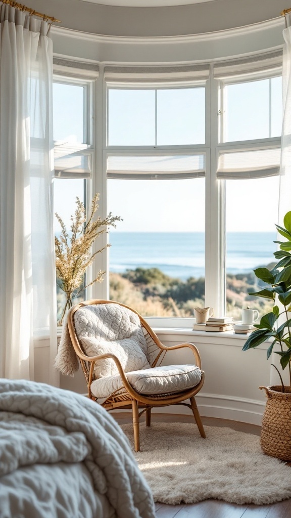 Cozy reading nook with a comfortable chair and a view of the ocean