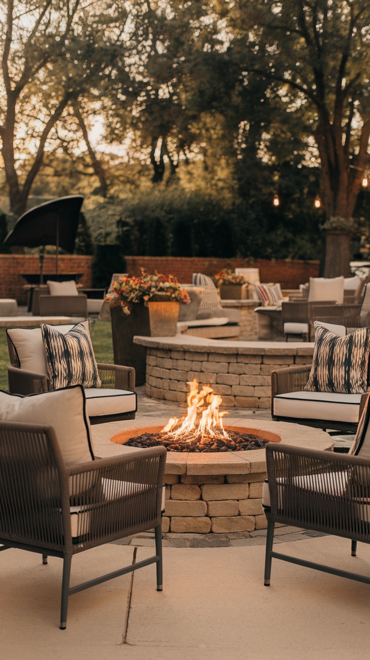 Cozy seating arrangement around a fire pit with comfortable chairs and decorative cushions.