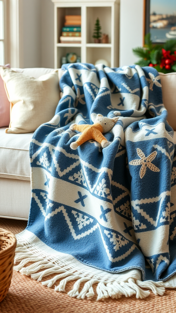 A cozy throw with coastal patterns draped over a sofa, alongside a decorative pillow.