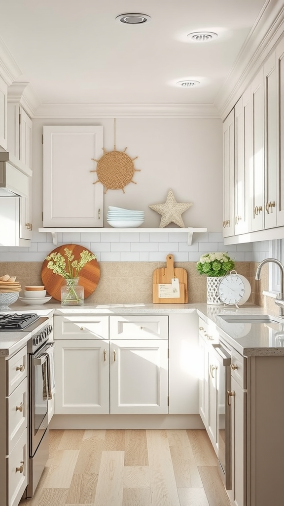 Bright coastal kitchen with light cabinets, a starfish decoration, and green plants.