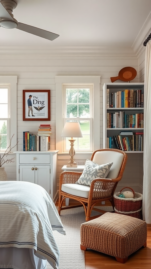 A cozy reading nook featuring a comfortable chair, a small table with a lamp, and a bookshelf filled with books.